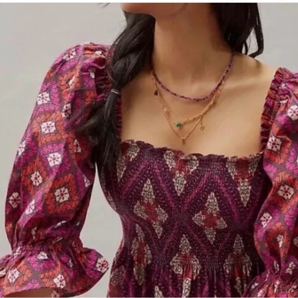 Conditions Apply Anthropologie Smocked Puff Sleeves Peplum Blouse Top Sz Medium